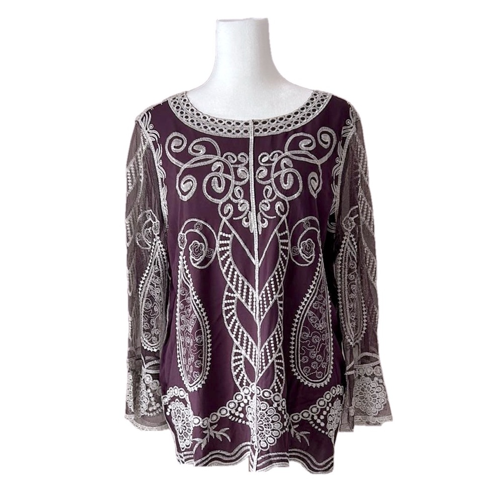 New Chico’s Sheer 3/4 Bell Sleeve Embroidered Popover Top Wine Bordeaux Medium 8